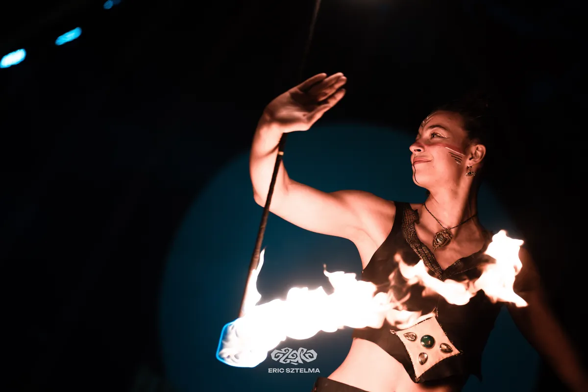 Fire performance on stage at Ozora Festival